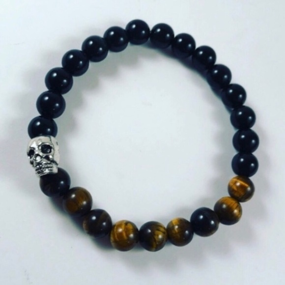 Men or women tiger eye & onyx gems skull bracelet - Picture 5 of 7